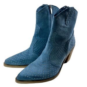 Emanuele Crasto Blue Suede Studded Cowboy Western Boots Women’s 8.5 Italy